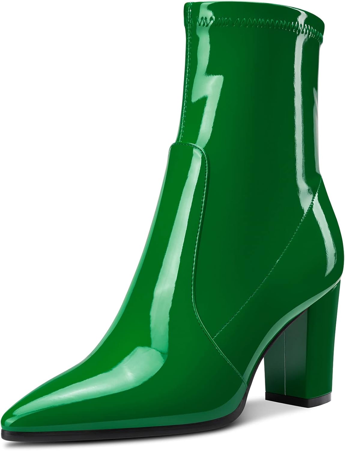 Aachcol Women Mid Calf Boots Pointed Toe High Chunky Block Heel Patent Zipper 3 Inch