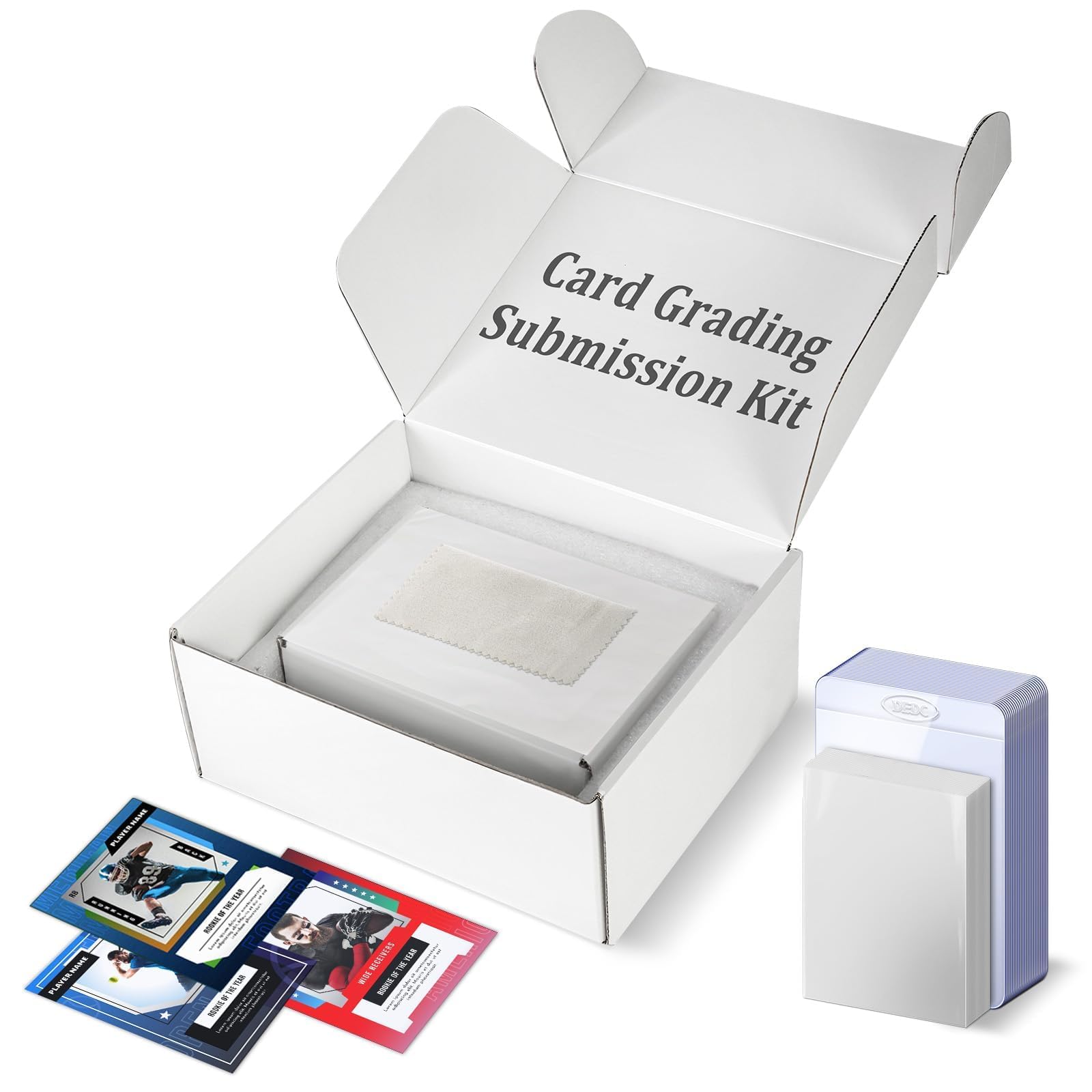DEDC Card Grading Submission Kit Card Grading Shipping Mailing Box for PSA, CGC, SGC Trading Card 25 Semi Rigid Card Holders 50 Card Sleeves 1 Shipping Label + 1 Wiping Cloth (1-Set- Universal) — image 1