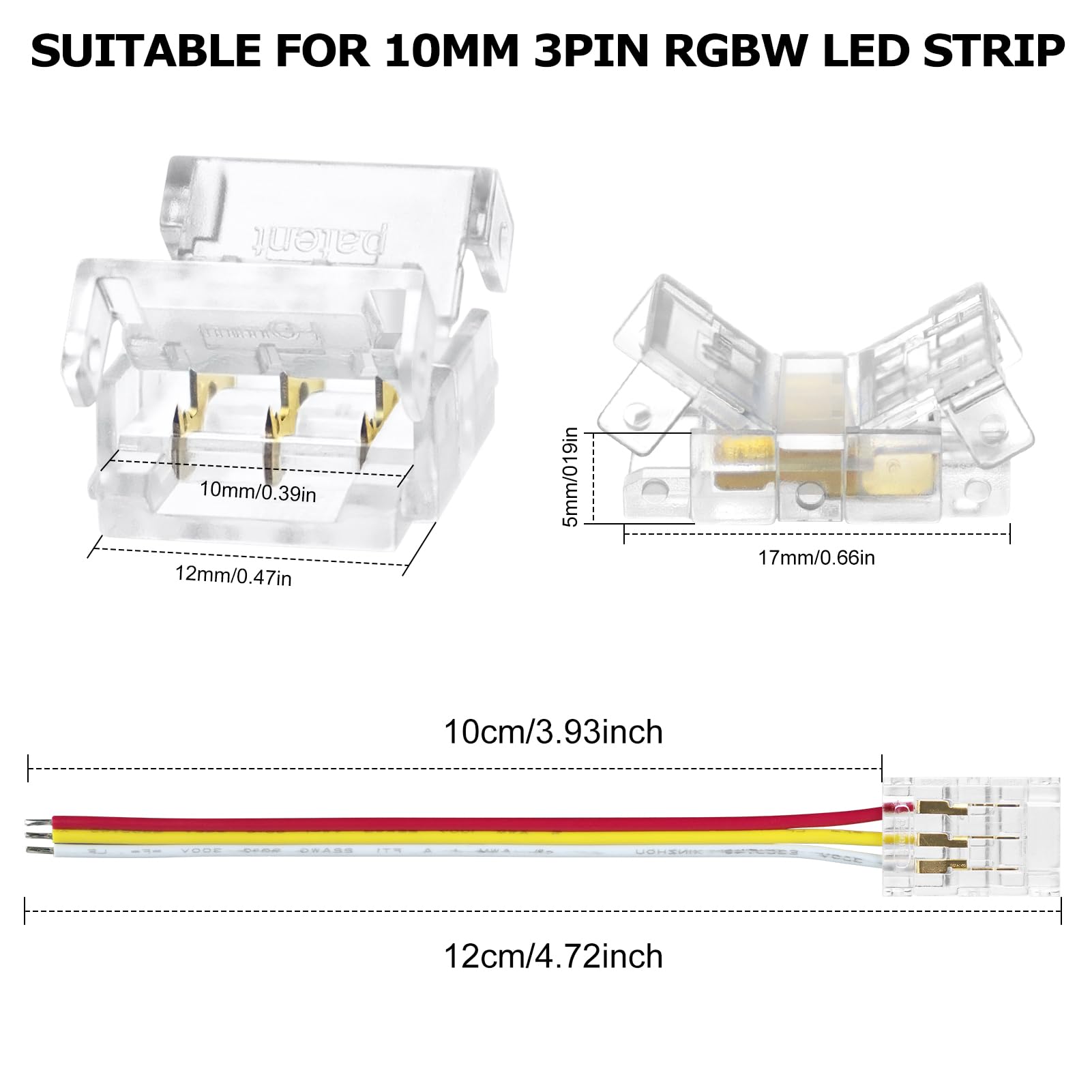 LightingWill RGB LED Strip Connectors 4 Pin 10mm L-Shape - 10 Pack Solderless Right Angle Corner Connector No Dark Areas