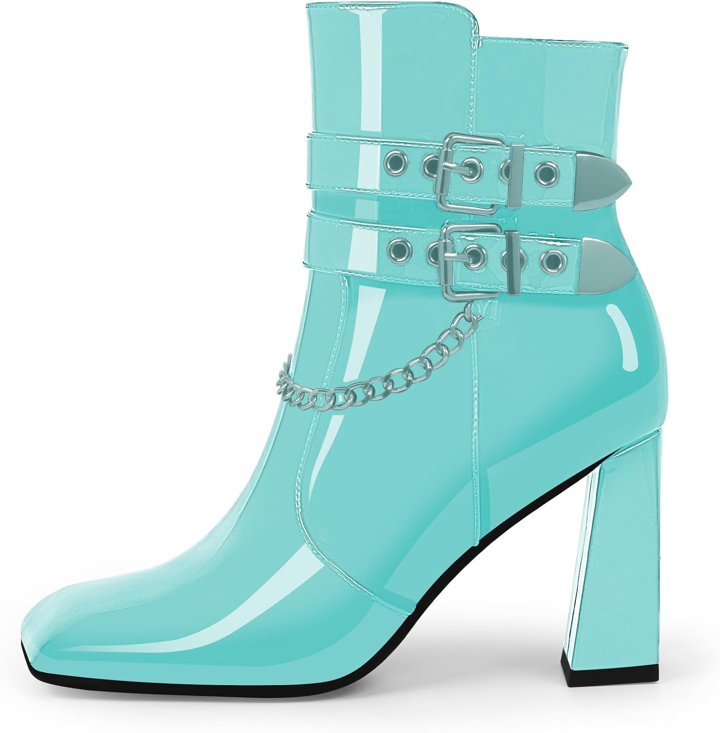 Women's Chain Goth Chunky High HeelBuckle Strap Ankle Boots Square Toe Booties