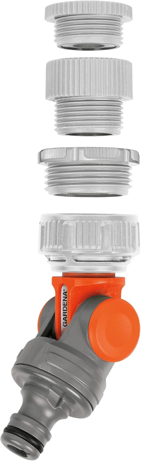 Explodierte view of the GARDENA Angled Tap Connector showing its individual components: various tap adapters, the main angled body, and the hose connector end.
