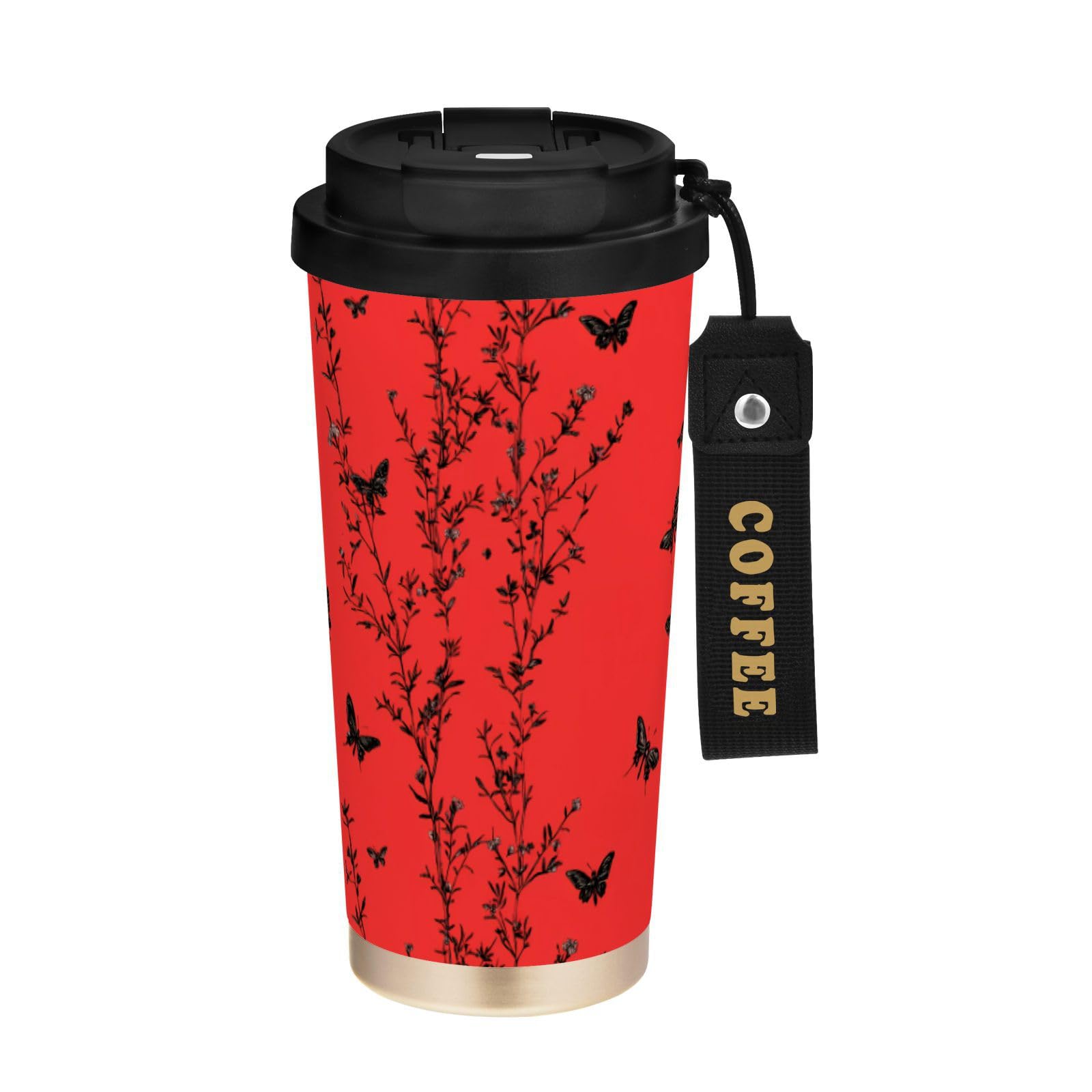 linqin Taza de café de viaje con diseño de mariposas negras y plantas, taza térmica de acero inoxidable para frío y calor, 481.9 g, a prueba de fugas