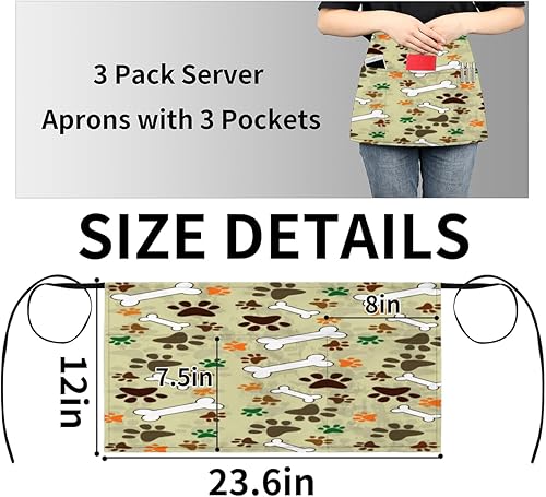 Miniatura 4 de Dog Bone Paw 3 Pack Server Aprons with 3 Pocket Waterproof Womens Half Waist Aprons for Cooking Dishwashing Kitchen Gardening Salon
