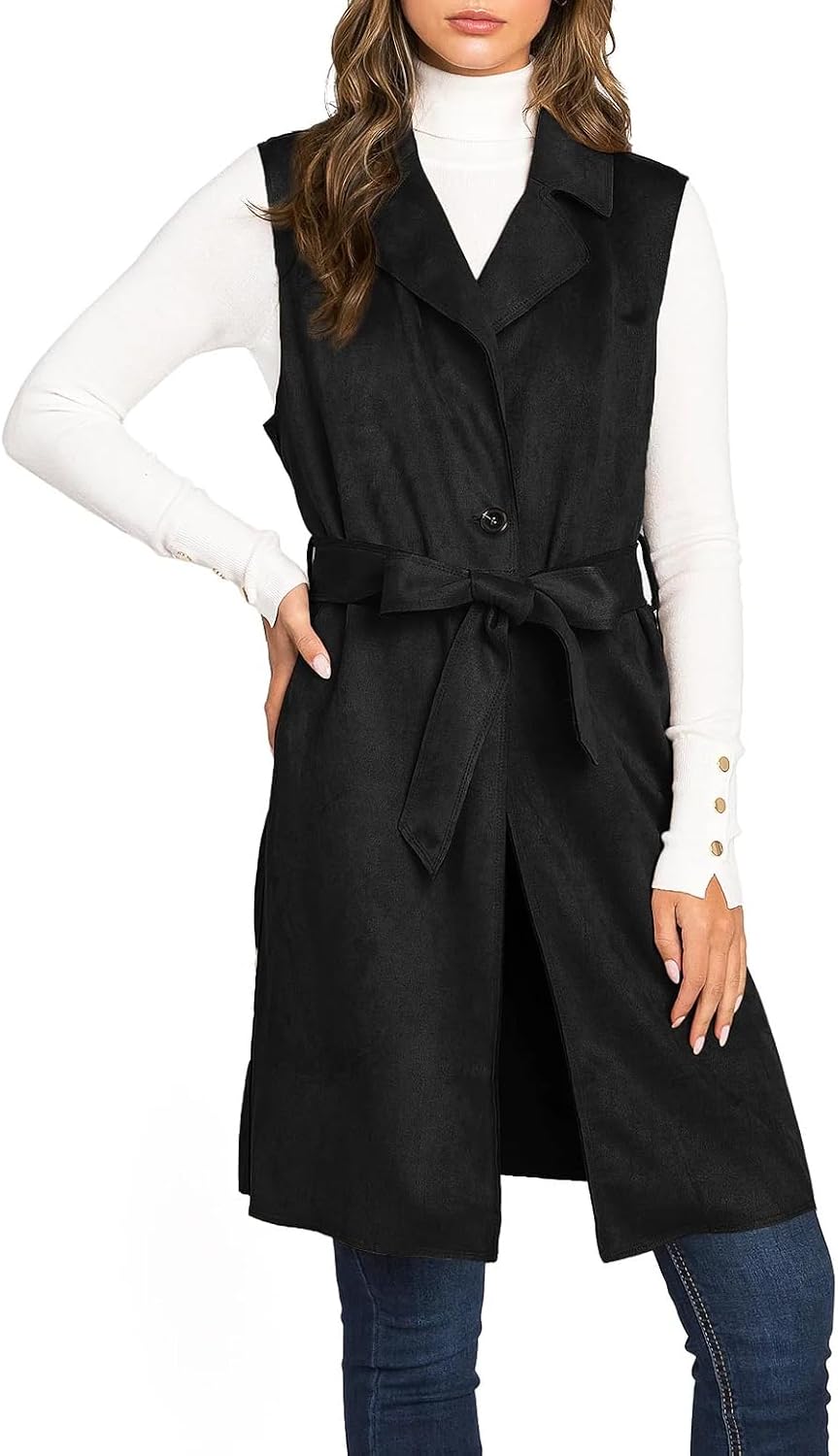 IDEALSANXUN Womens Long Suede Vest Fall Winter Sleeveless Trench Coat with Belt - Image 2