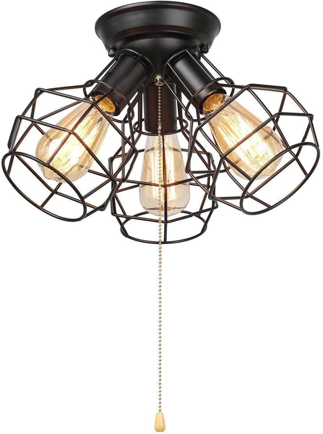 LALUZ Farmhouse Semi Flush Mount Ceiling Light Fixture, 3-Light Oil Black Pull String Industrial Cage Ceiling Light Fixture for Bedroom, Hallway, Kitchen, Dining & Living Room, Foyer and Bathroom