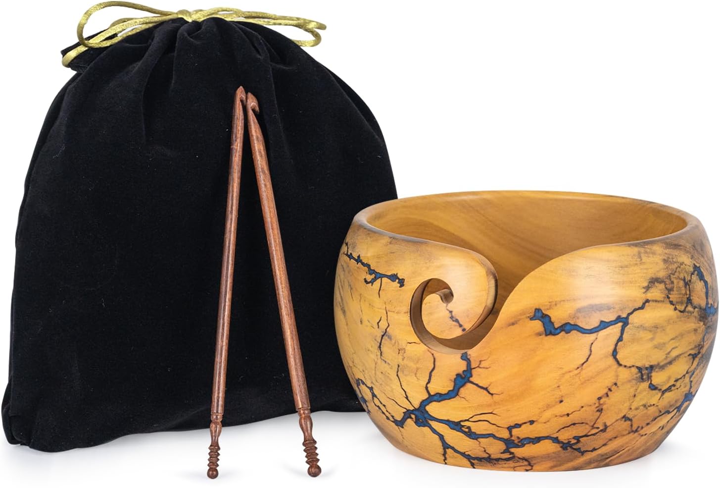 Large Wooden Yarn Bowl 7x4 Inches - Cute Wood Bowl/Holder for Knitting & Crocheting Lovers from Craft Supplier Brand INANOSA - Gift Ideas for Christmas and Mother's Day - Blue