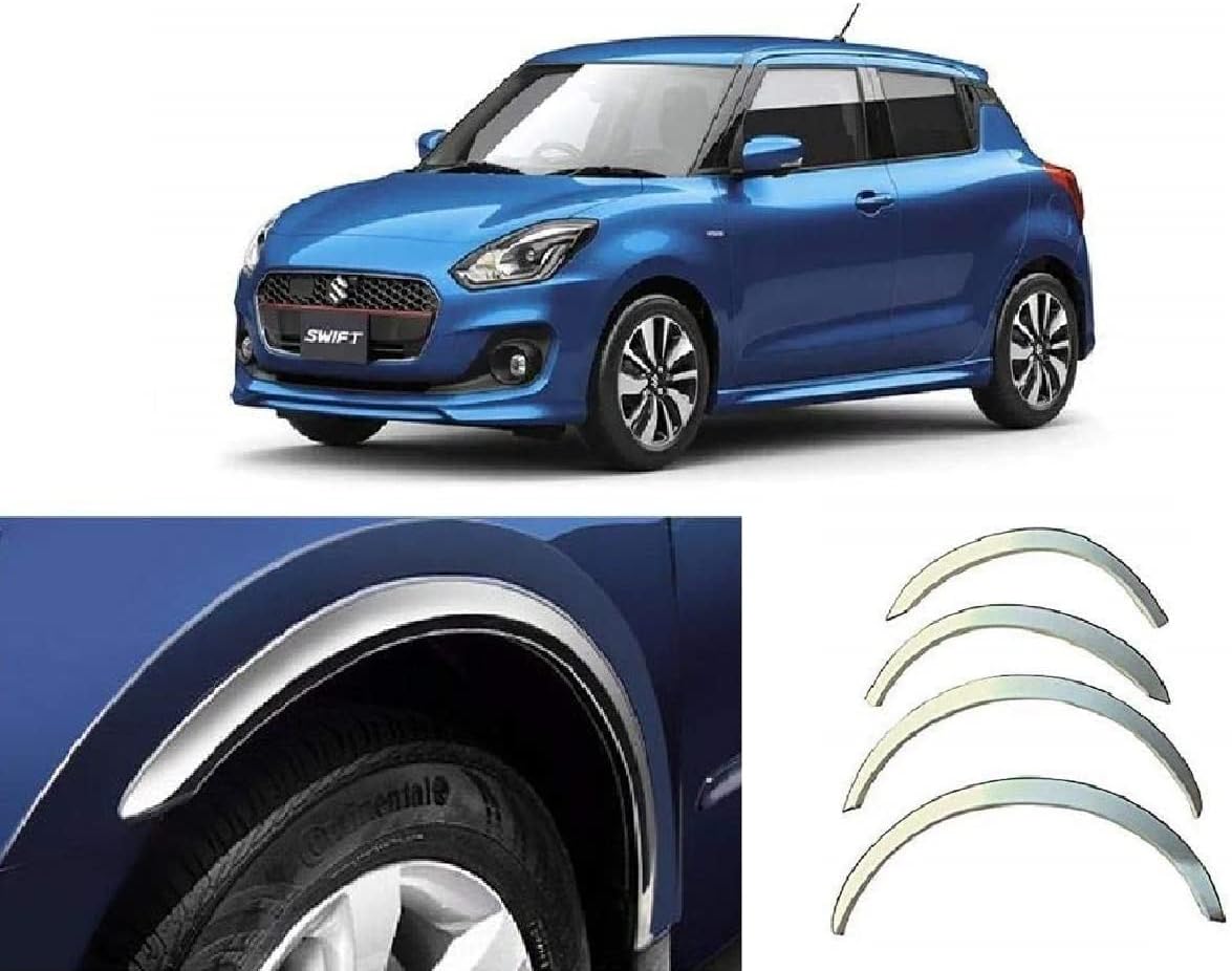Stainless Steel Wheel Arch Garnish Chrome Fender Lining Trim Moulding Strip Compatible With Maruti Suzuki Swift [Latest] (Set of 4,Silver)