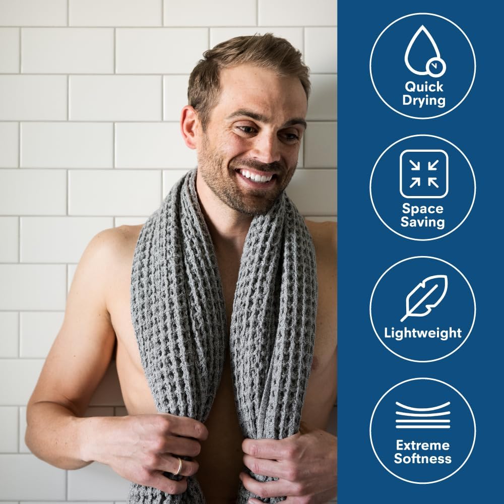 ONSEN Waffle Bath Sheet Set – 3-Piece Cotton Bundle with Bath Sheet, Hand and Face Towels – Lightweight, Quick Dry, and Absorbent – Ideal for Bathroom, Gym, Guest Use – Cinder Grey