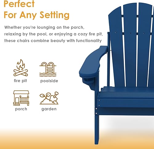 Miniatura 4 de IVY&LANE Juego de 2 sillas plegables Adirondack  Plástico HDPE  Silla para hoguera al aire libre con portavasos  Azul  Poli  Resistente a la