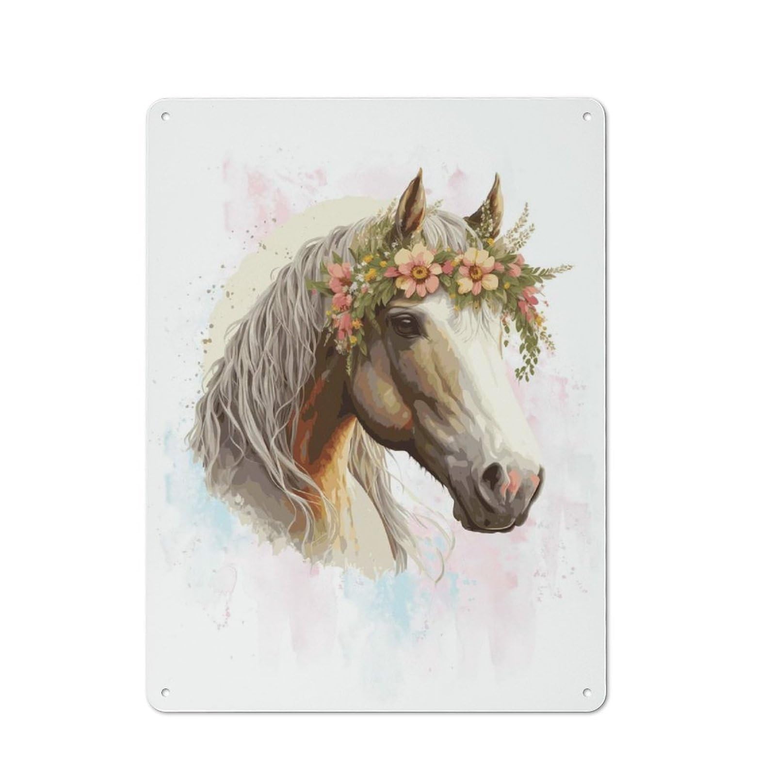 Nostalgic Floral Watercolor Horse Metal Wall Sign 40x30cm, Classic Pub Decor for Bar, Kitchen, Garage Or Games Room