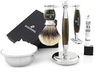 Jag Shaving - Set de afeitado (3 piezas, incluye brocha de afeitar de pelo de tejón con punta plateada, cuchillas de afeitar de doble filo, soporte de afeitado, color verde imitación de hornia)