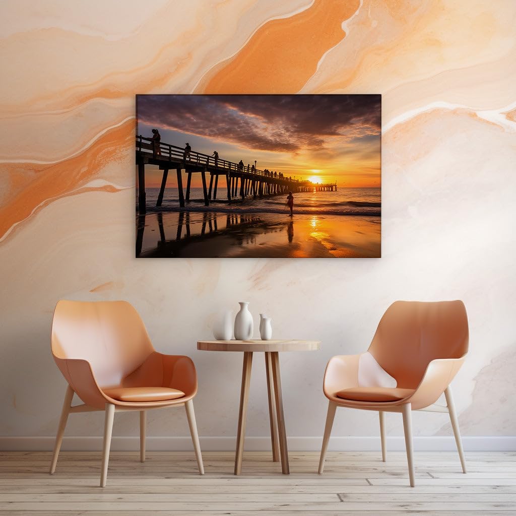Canvas for Living room. Golden Horizon Serenity � Sunset Wonders at the Pier Beach, 27 x 18 inch Canvas Wall Art - Contemporary Masterpieces - Modern Home Decor