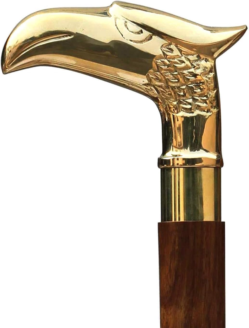 Handmade Brown Wooden Walking Stick With Solid Brass Golden Eagle Head Handle For Seniors & Adults
