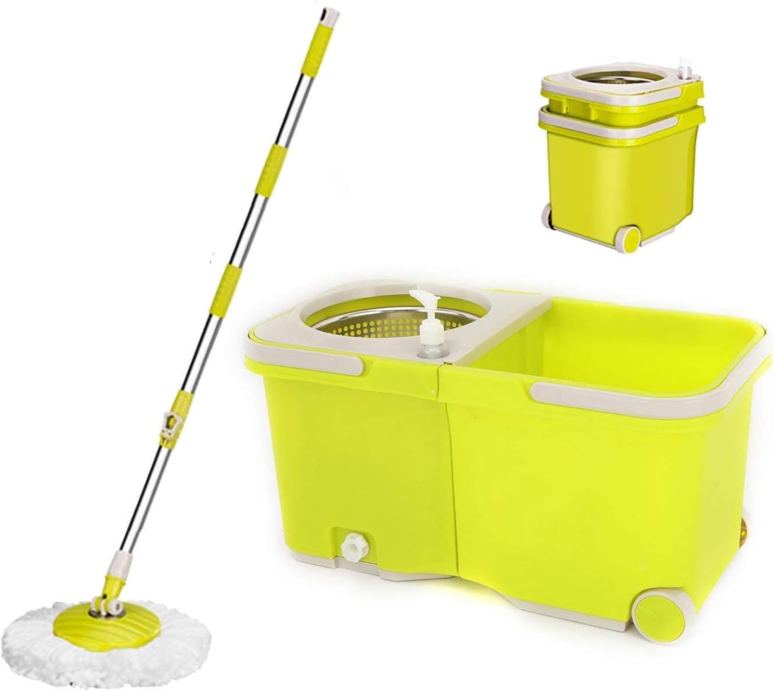 Umien Spin Mop and Bucket Sytem – 360° Self Wringing Spinning Mop with Stackable Bucket On Wheels and 2 Machine Washable Microfiber Mop Heads – Easy to use and Store