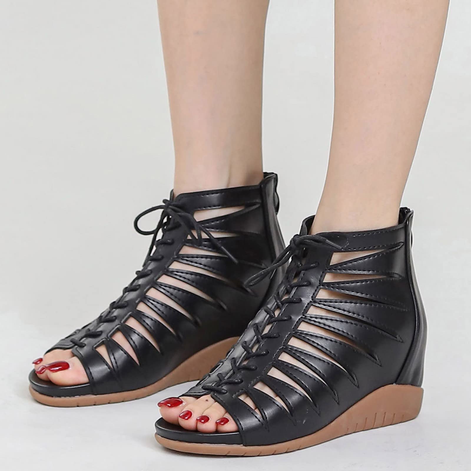 Genérico Cuñas Mujer Plataforma Sandalias Tacon Comodas Sandalias de Tacón de Cuña para Mujer,Bohemias Romanas Étnica Hueca para,Zapatos Playa Verano