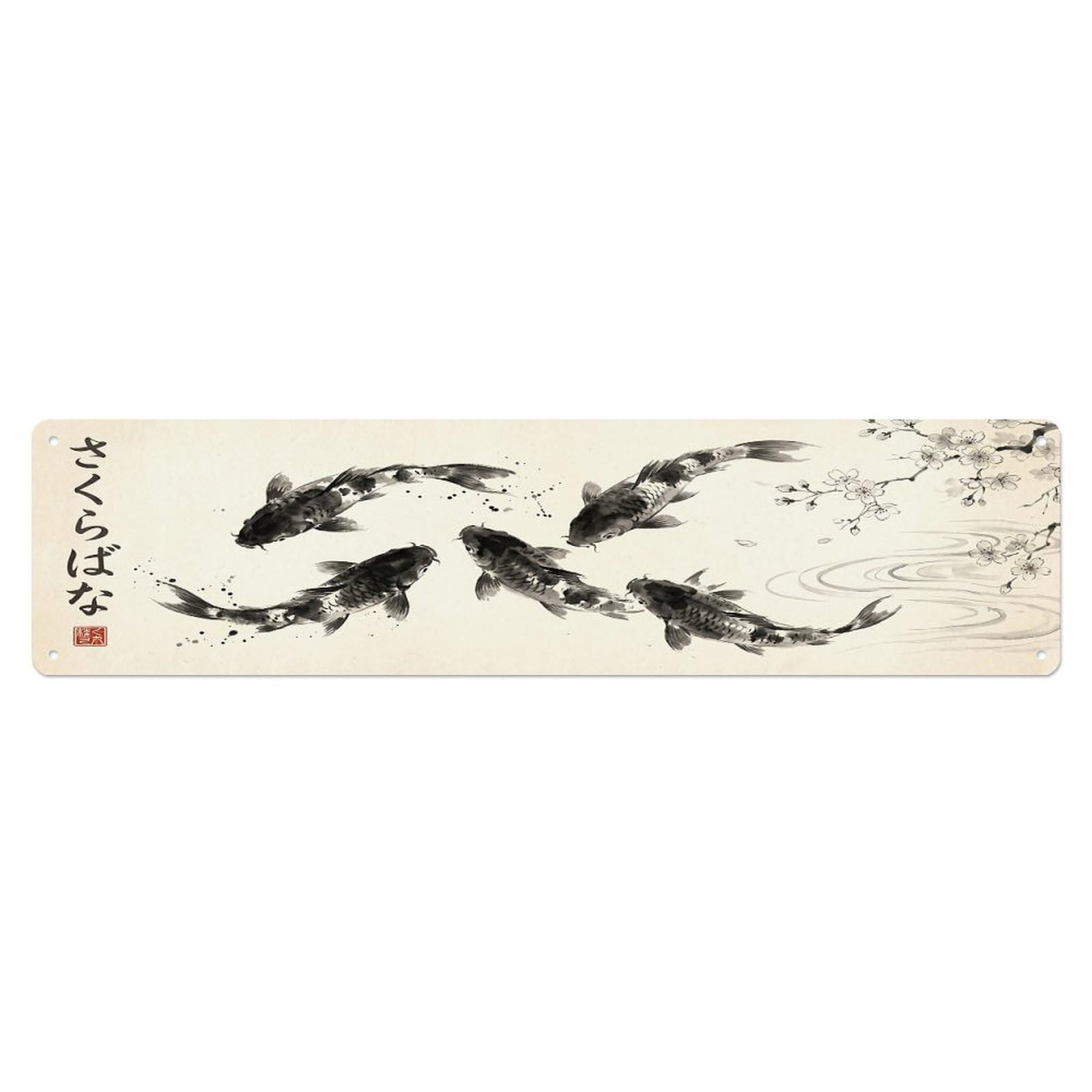 Olhnbad 4X16inch(10X40cm) Vintage Koi Fish Japanese Pond Artwork Metal Tin Sign