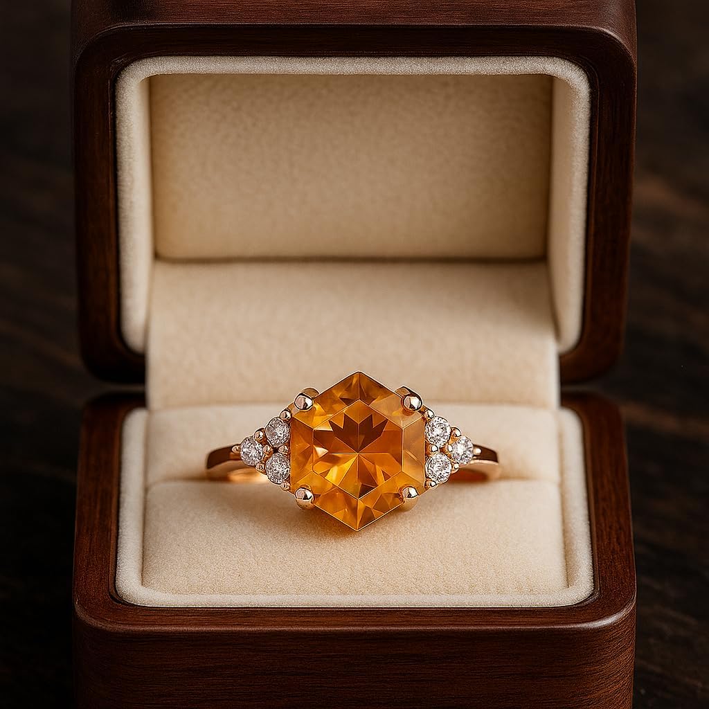 Hexagon Shape Citrine Art Deco Diamond Cluster Ring 18k Solid Gold Prong setting Bridal Wedding Ring Engagement Women Promise Jewelry Gift For Wife