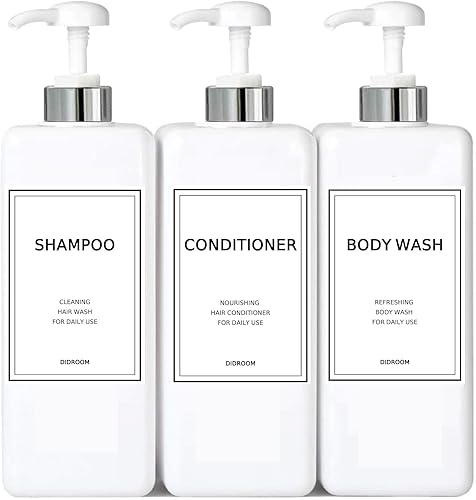 Modern Silver - Dispensador de champú y acondicionador (21 onzas, paquete de 3) botellas de plástico rellenables para ducha vacías con bomba para