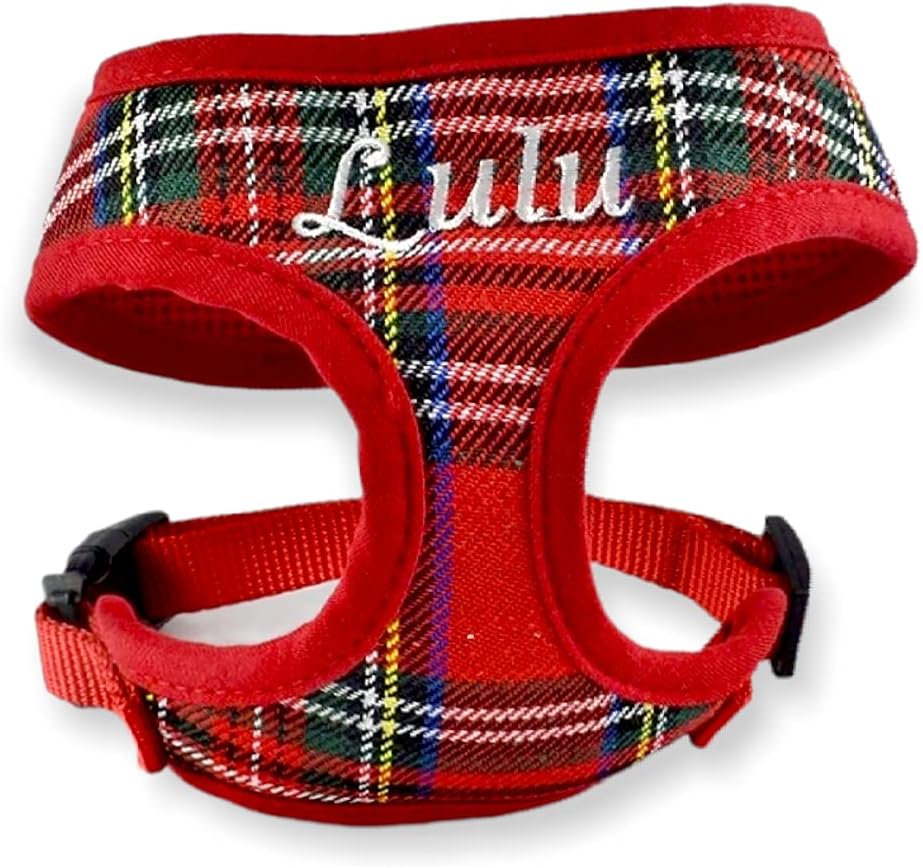 Personalized Red Plaid Dog Harness with Embroidered Pet Name-Soft Padded Dog Harnesses for Small & Medium Dogs No Pull-Adjustable Red Stewart Puppy Walking Vest (Large)