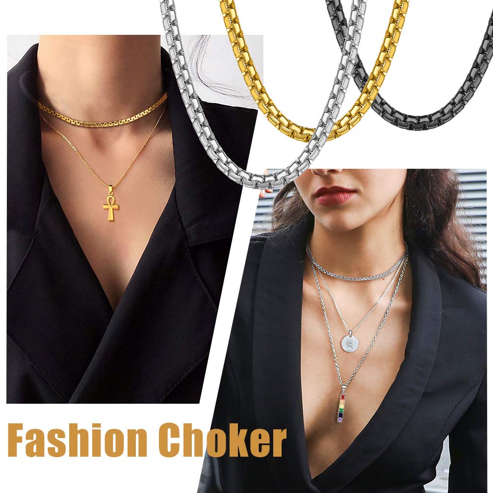 PROSTEEL Uomo Collana Catena Scatola Piatta Grande Robusta Sottile, Larghezza 4 mm 6 mm, Acciaio Inossidabile/Placcato Oro 18K, Stile Hip Hop Punk, Argento Nero Oro, Regalo Perfettto (con Confezione)