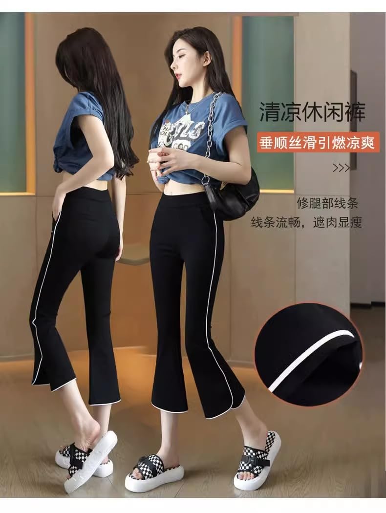 Generisch Bootcut Jazzpants damskie spodnie z lodowego jedwabiu, dla kobiet na lato, cienka odzież wierzchnia, legginsy, z wysokim stanem, wyszczuplające, modne