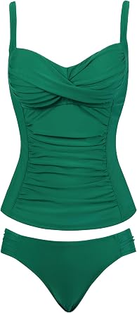 Womens Ruched Tankini Swimsuit Tummy Control Bathing Suit Twist Front Top & Hipster Botoom