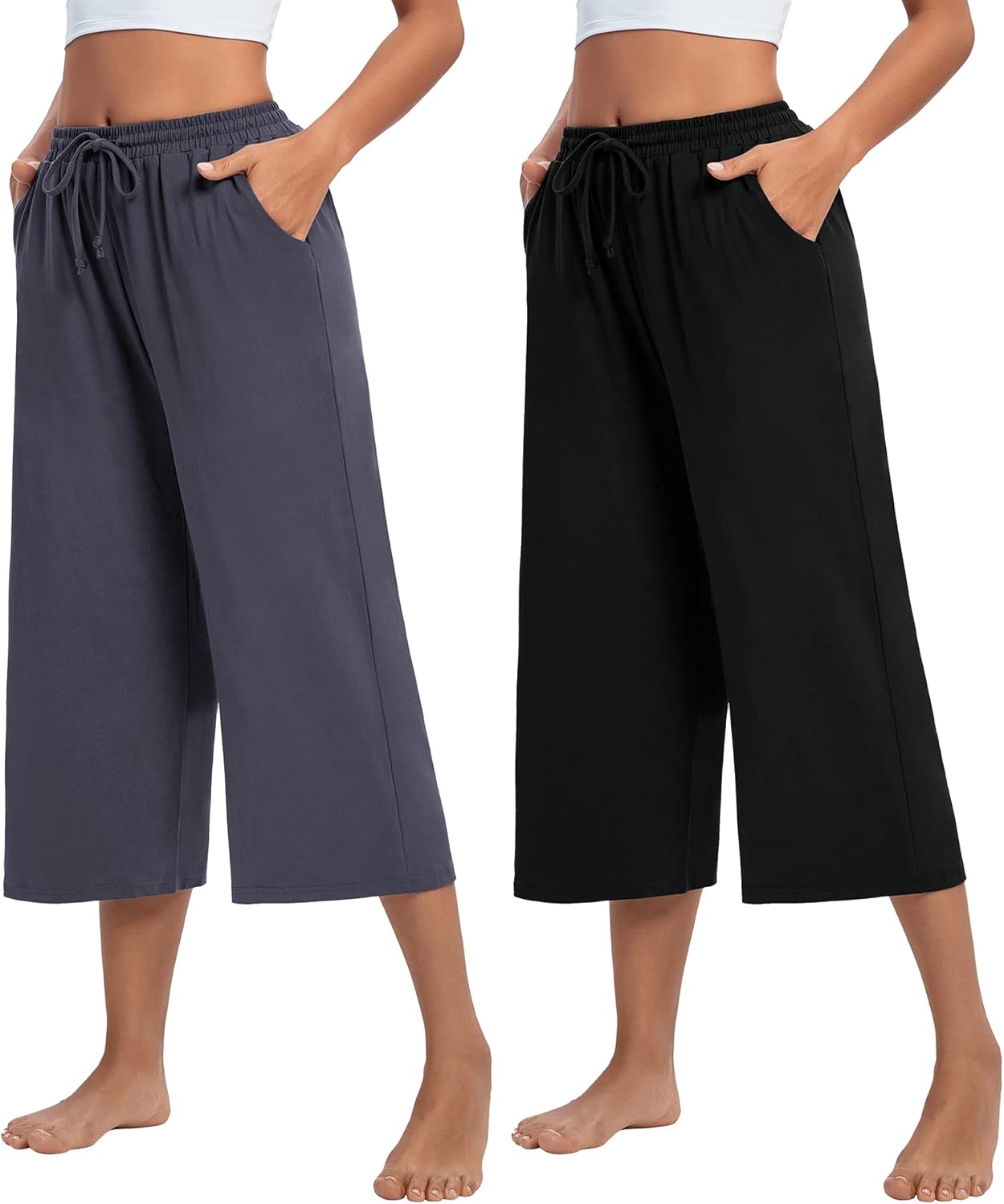 ASIMOON Womens Capri Yoga Pants Wide Leg Drawstring Lounge Pants Loose Comfy Workout Capris Sweatpants with Pockets - Image 2