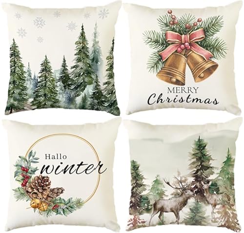 Aitsite - Set di 4 federe natalizie invernali, 45 x 45 cm, decorazione natalizia per soggiorno, divano, decorazione per camera da letto (Campanella)