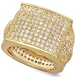 Hip Hop 14k Gold Plated Micropave CZ 16.5mm Domed Block Top Bling Ring, Size 9