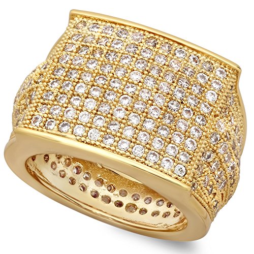 Hip Hop 14k Gold Plated Micropave CZ 16.5mm Domed Block Top Bling Ring, Size 9