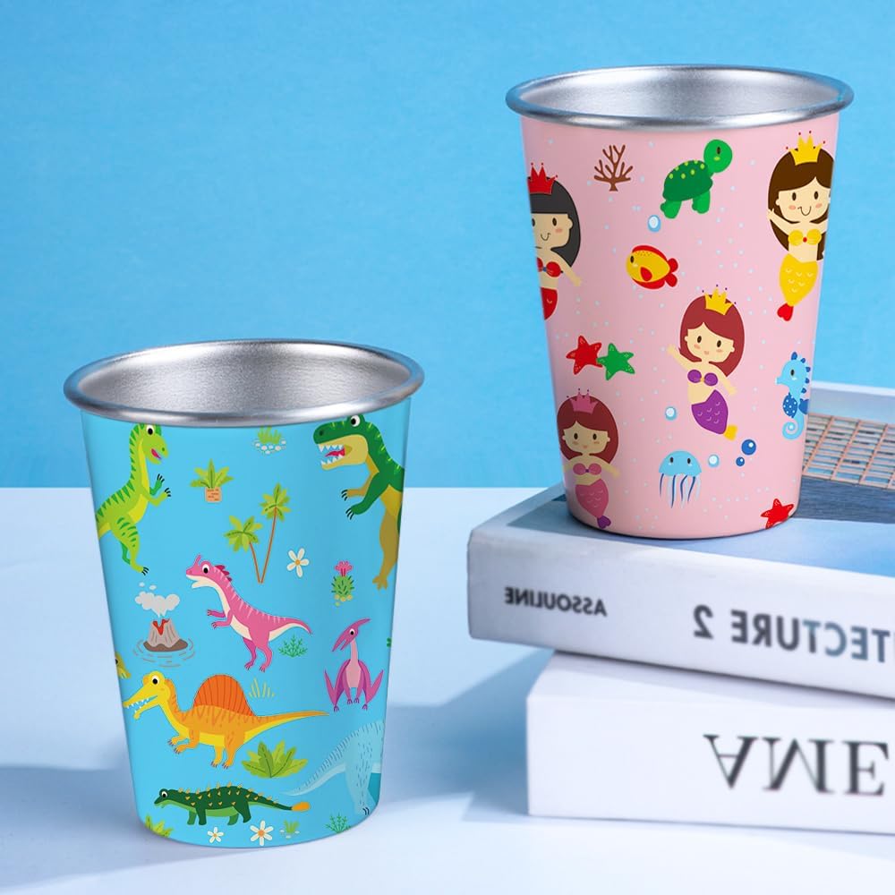 LOZACHE Stainless Steel Kids Cups, 4 Pack 12oz Metal Drinking Pint Cup with Fun Prints (Unicorn, Mermaid, Dinosaur, Vehicles), Stackable Drinking Glasses, BPA Free, Reusable for Home Party Camping - Image 4