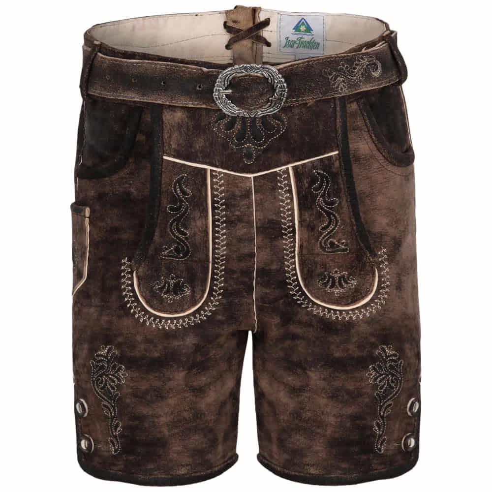 Isar-Trachten Kinderlederhose kurz mit Gürtel Schiefer | Lederhose für Jungen und Mädchen | Kinder Ledershort Ziegenvelour