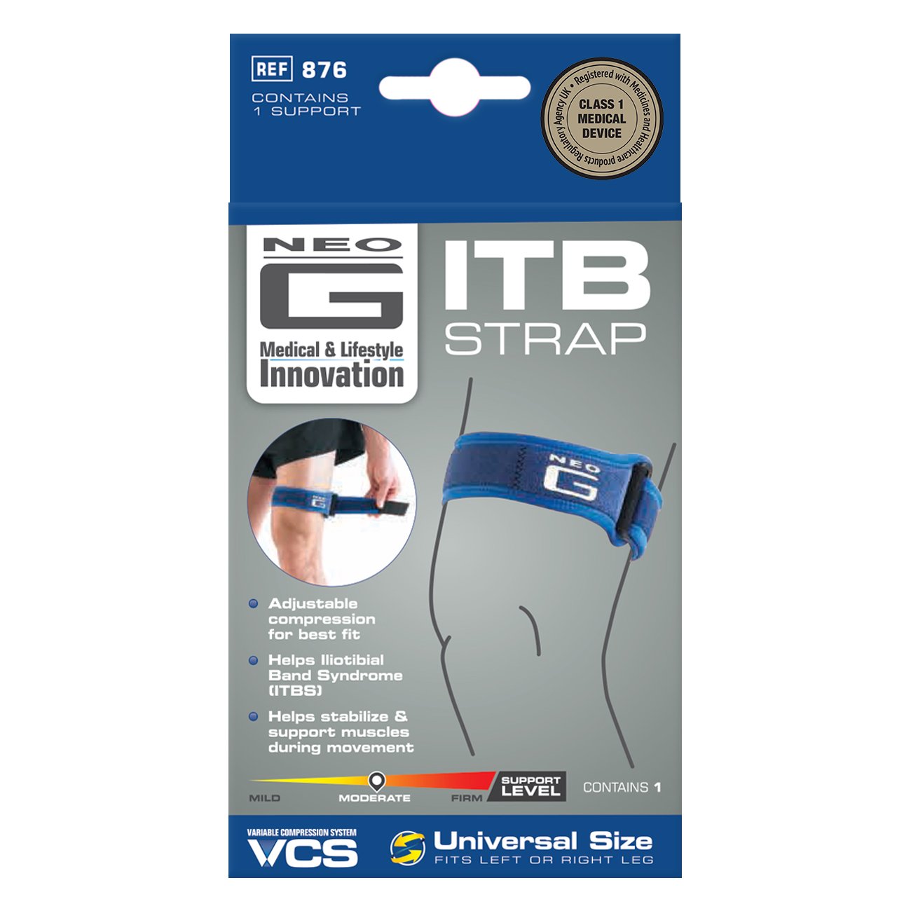 Neo-G ITB Band - Knee Strap For Jumpers Knee, Tendonitis, Joint Pain, Tendon Overuse, Basketball, Running, Soccer, Tennis - Adjustable Compression Support - Class 1 Medical Device - One Size - Blue