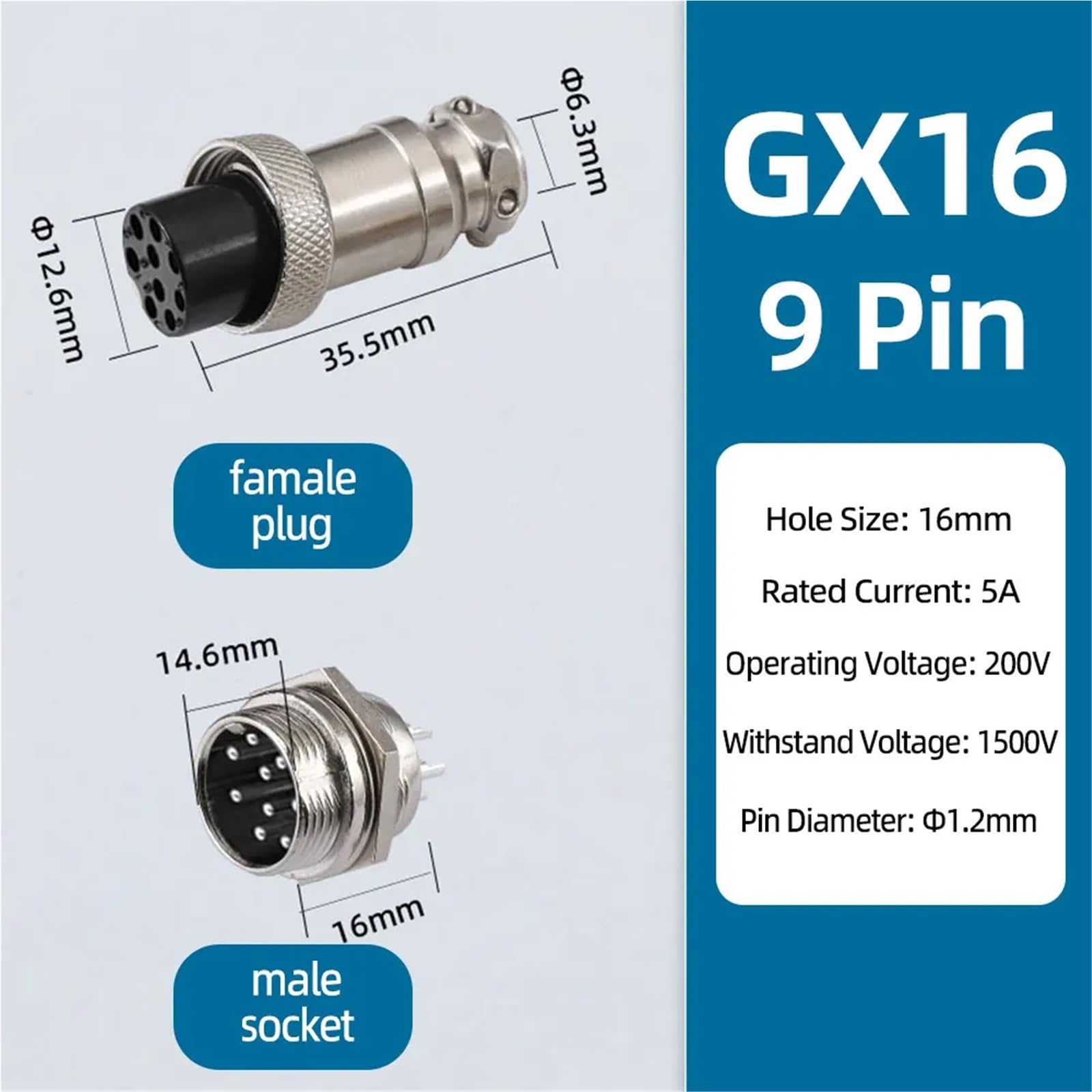 Connecteur circulaire GX16, prise 2p 3p 4p 5p 6p 7p, Aviation(GX16-9Pin)