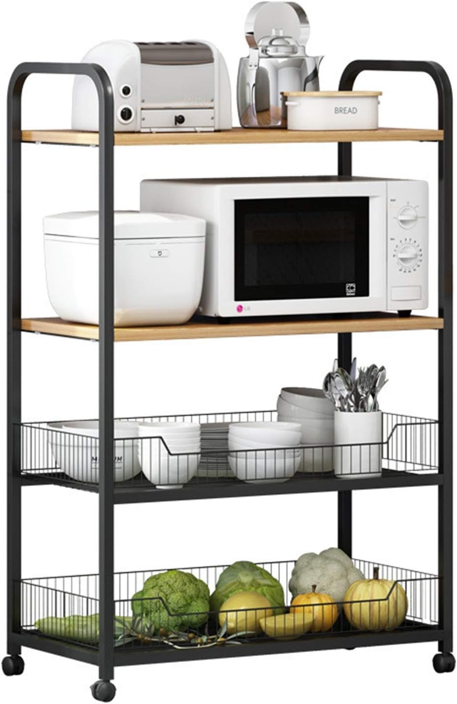 Amazon｜キッチンラック キッチン収納ホルダー 車輪の上の電子レンジスタンド収納、ローリングキッチンカート、キッチンアイランドカート