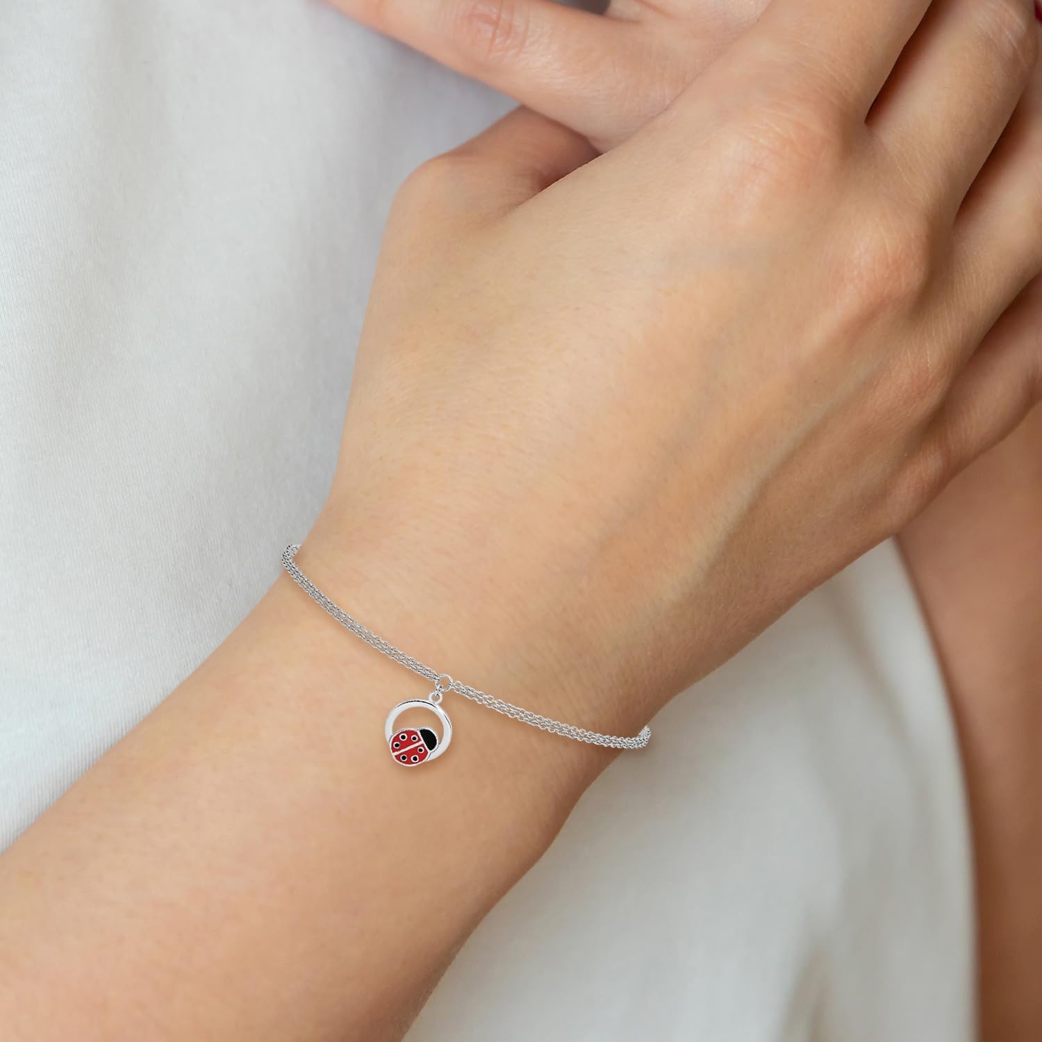 IceCarats 925 Sterling Silver 1.3mm Dainty Cable Chain Ladybug Charm Bracelet 7.25 Plus 1 inch Polished For Her