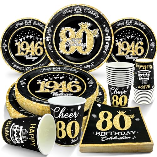 Image of 80th Birthday Decorations Black and Gold, Service for 30, Vintage 80th Birthday Party Supplies Includes Black Vintage 1946 Plates, Napkins, Cups, Plates and Napkins for Men Women