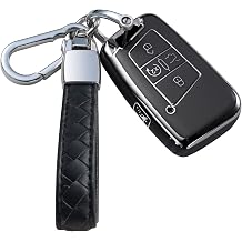Compatible with VW Volkswagen Key Fob Cover with Leather Lanyard, Car Key Case Shell Protection for Volkswagen Tiguan Atlas Jetta Passat Golf Alltrack Smart Remote Control,Black