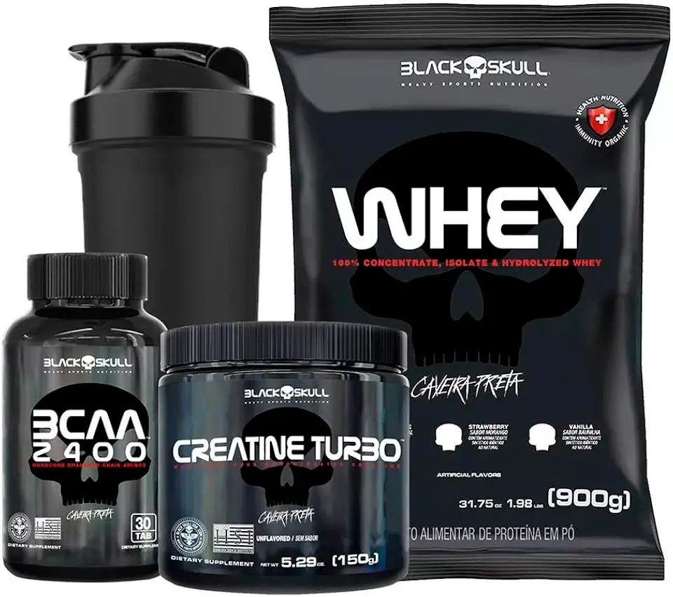 COMBO Caveira Preta - Whey + Bcaa + Creatina - Black Skull (Morango)