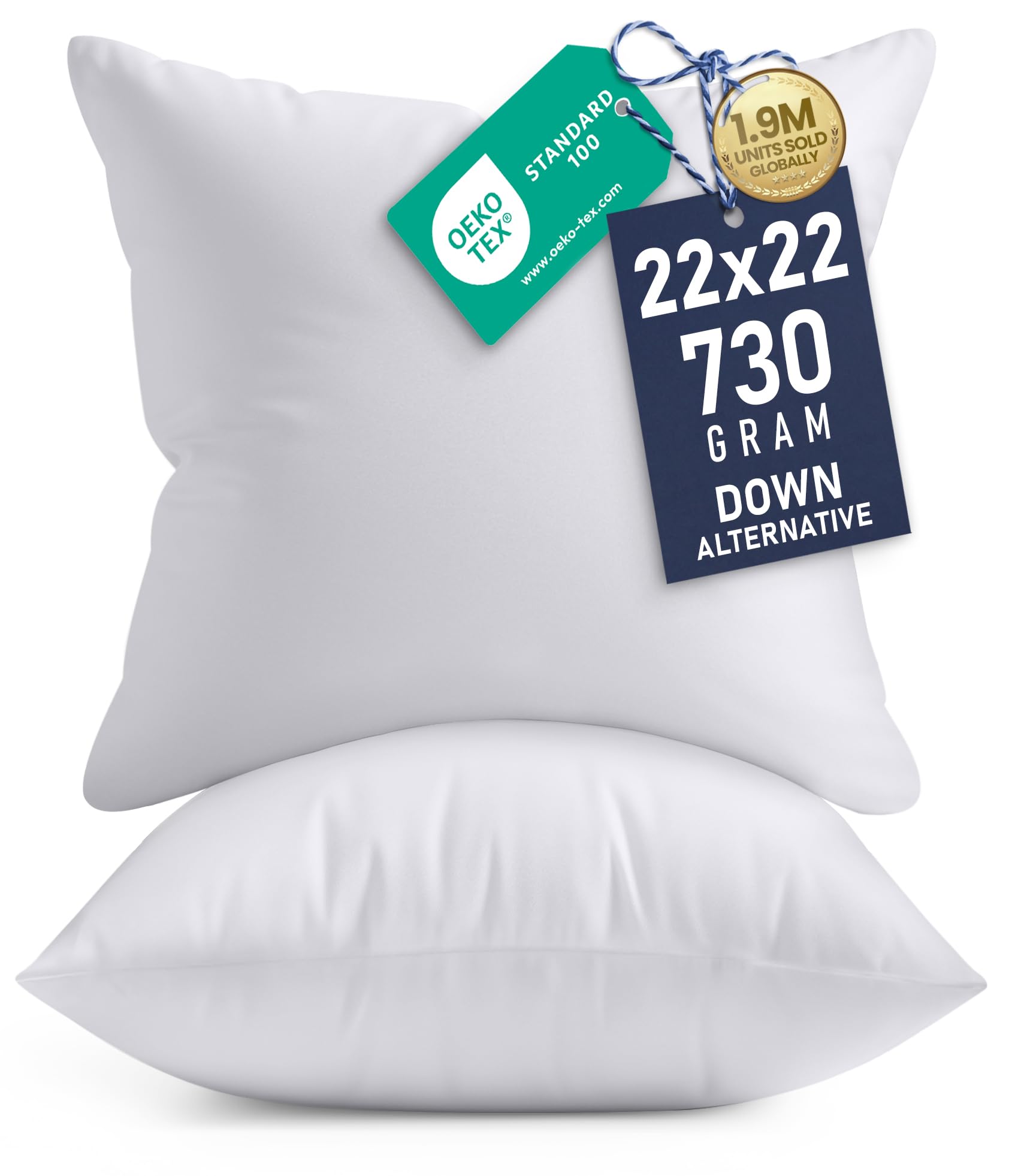 Throw Pillows Insert (Pack of 2, White) - 22 x 22 Inches Bed and Couch Pillows - Indoor Decorative Pillow
