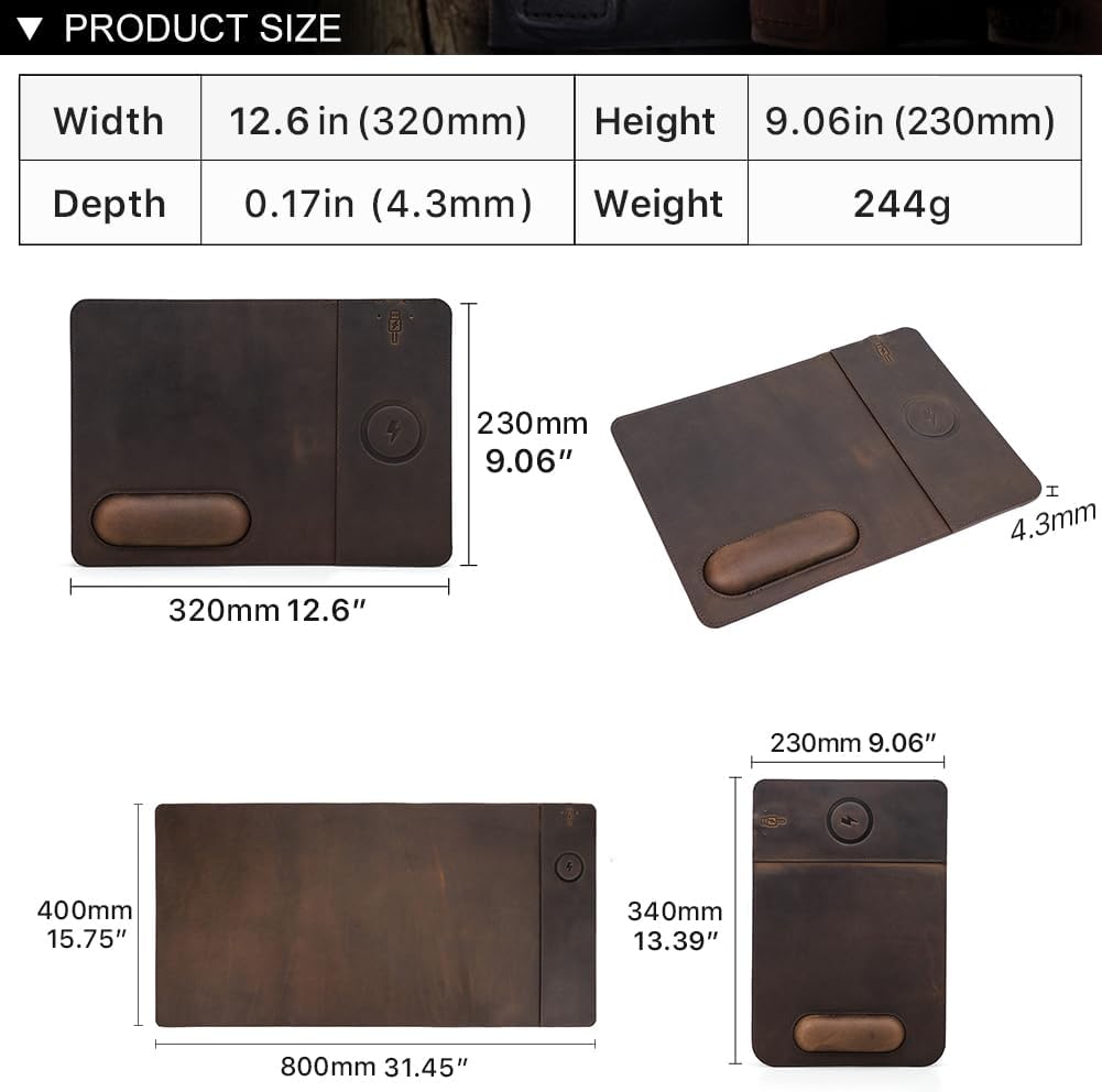 Hiram Premium Crazy Horse Leather Mouse Pad with 15W Wireless Charging - Ergonomic Wrist Rest, Waterproof, and High-End Cowhide Touch(12in x 9in)