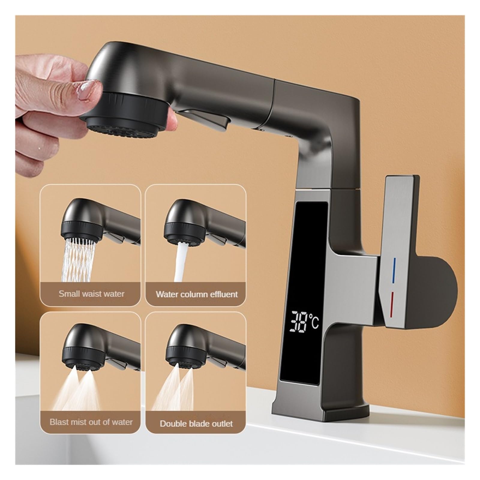 El Lavado de Lavado de Lavado de Cocina de Cocina y Tirar de la Pantalla Digital del Grifo del Fregadero del Fregadero frío y la Salida de Agua de la cuarta Engranaje Dual de Control Caliente (Negro