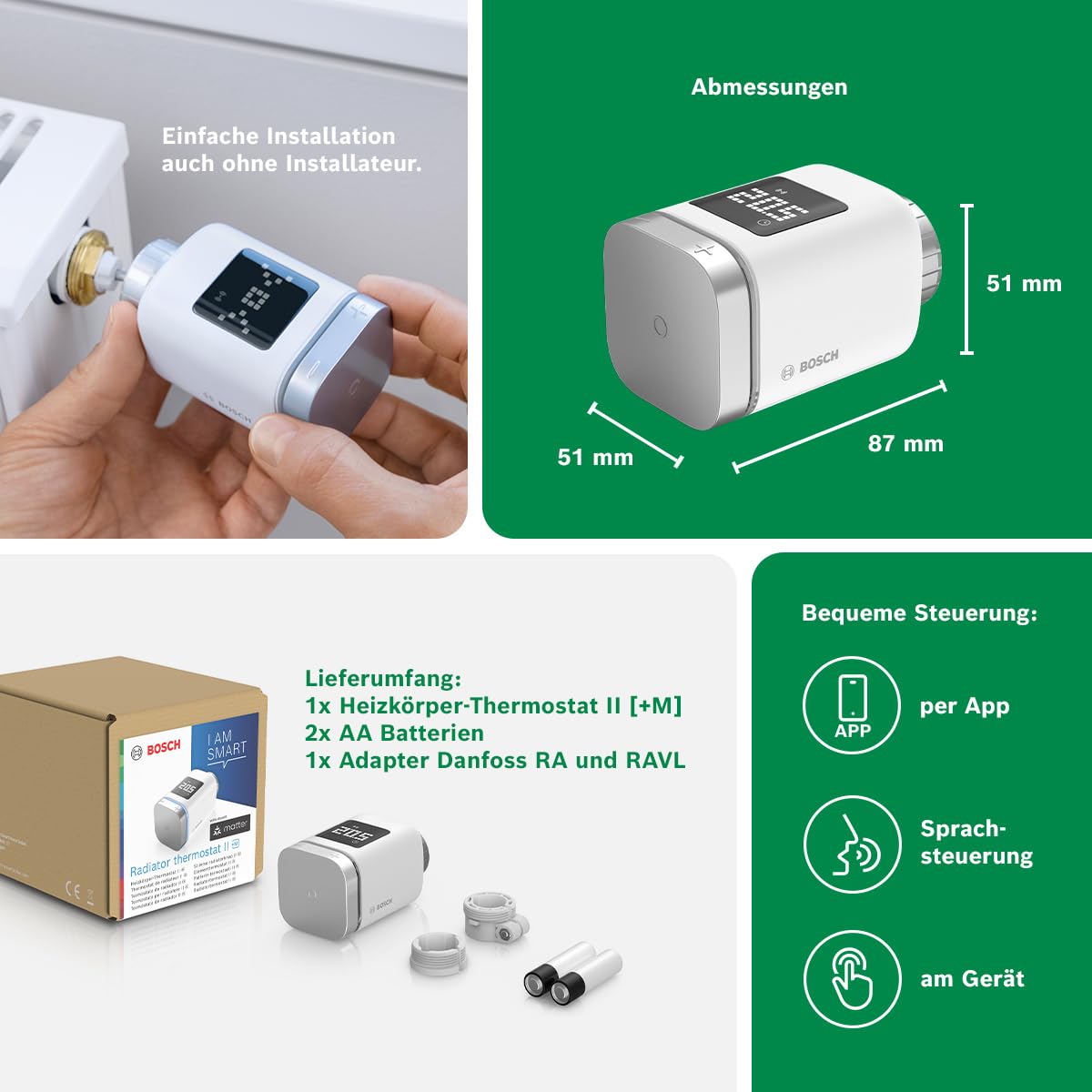 Bosch Smart Home Heizkörper-Thermostat II [+M], smartes Heizkörperthermostat für intelligentes Heizen & Energiesparen, mit Matter, App-Steuerung, kompatibel mit Apple Home, Google Home & Alexa