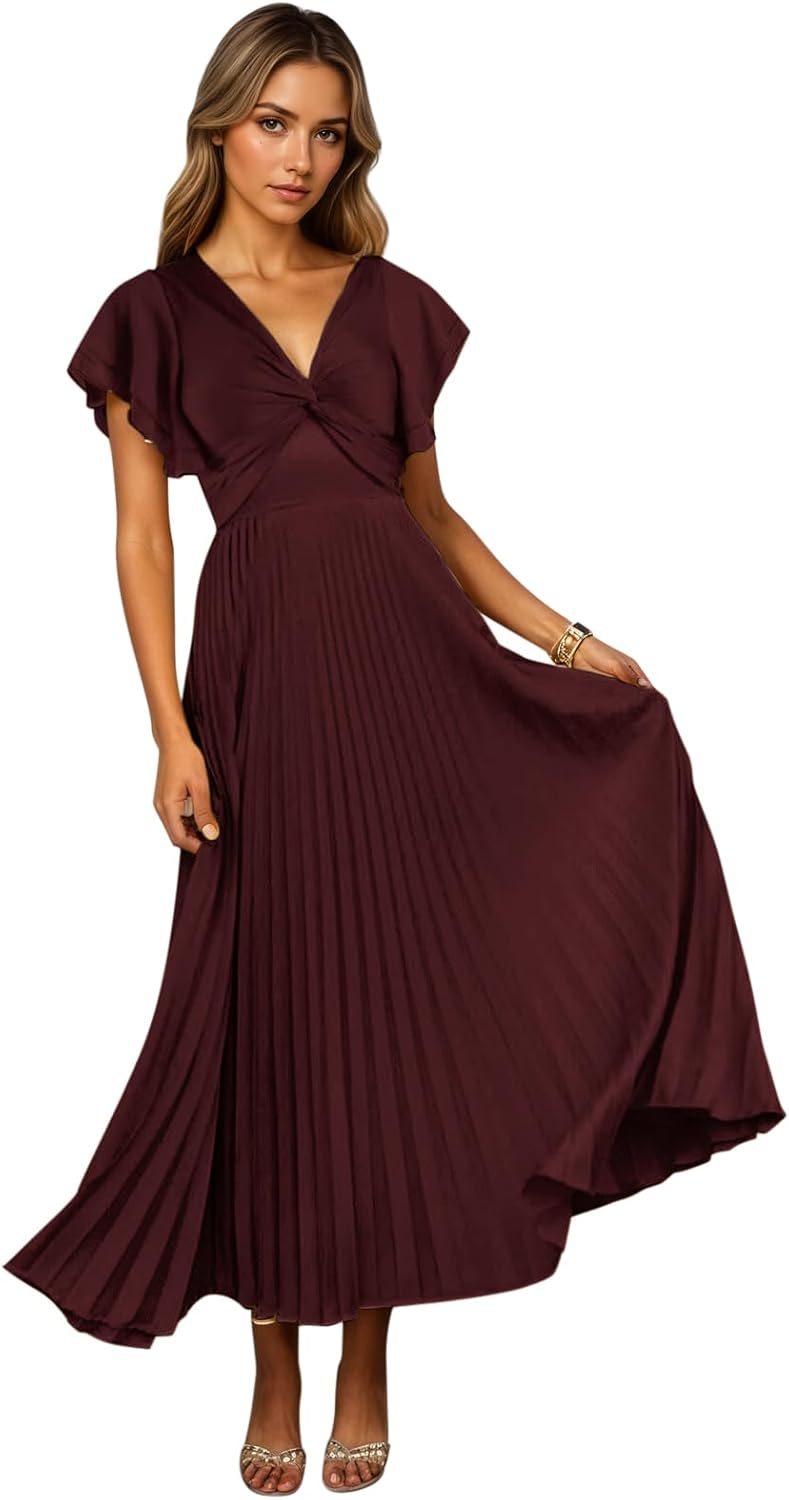 Fanciest Pleated Satin Bridesmaid Dresses Short Sleeve V-Neck Formal Evening Party Dress