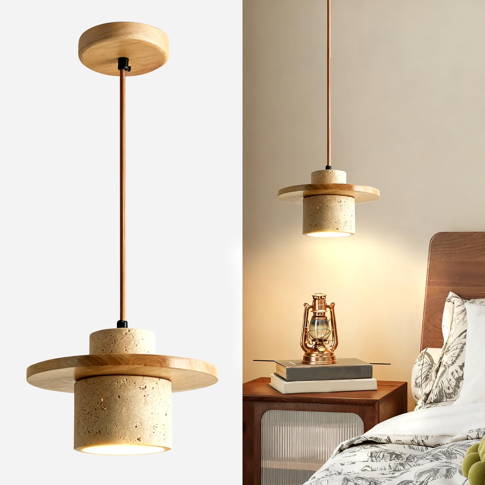 Photo 1 of BOSHANGMEI Wabi Sabi Pendant Light - Yellow Travertine Stone Light, Nordic Wabi Sabi Pendant Light for Bedroom/Entryway, Adjustable Height Stone Lamp (120V) with E27 Bulb