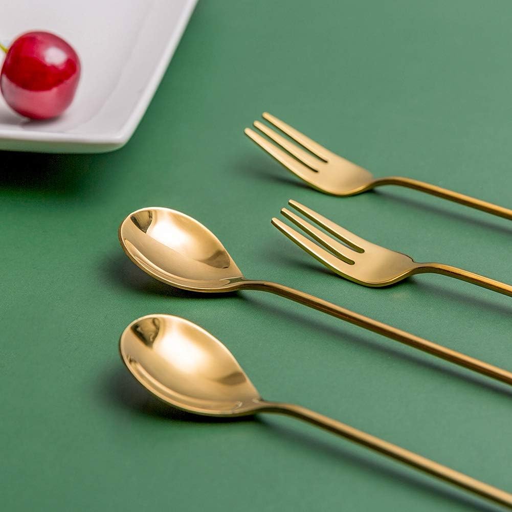 Cucharas de café y tenedores for pasteles, juego de 4 piezas de cubiertos de postre Lindo juego de 2 tenedores y 2 cucharas de acero inoxidable dorado Tenedor for ensalada de frutas Postre Pastel Café