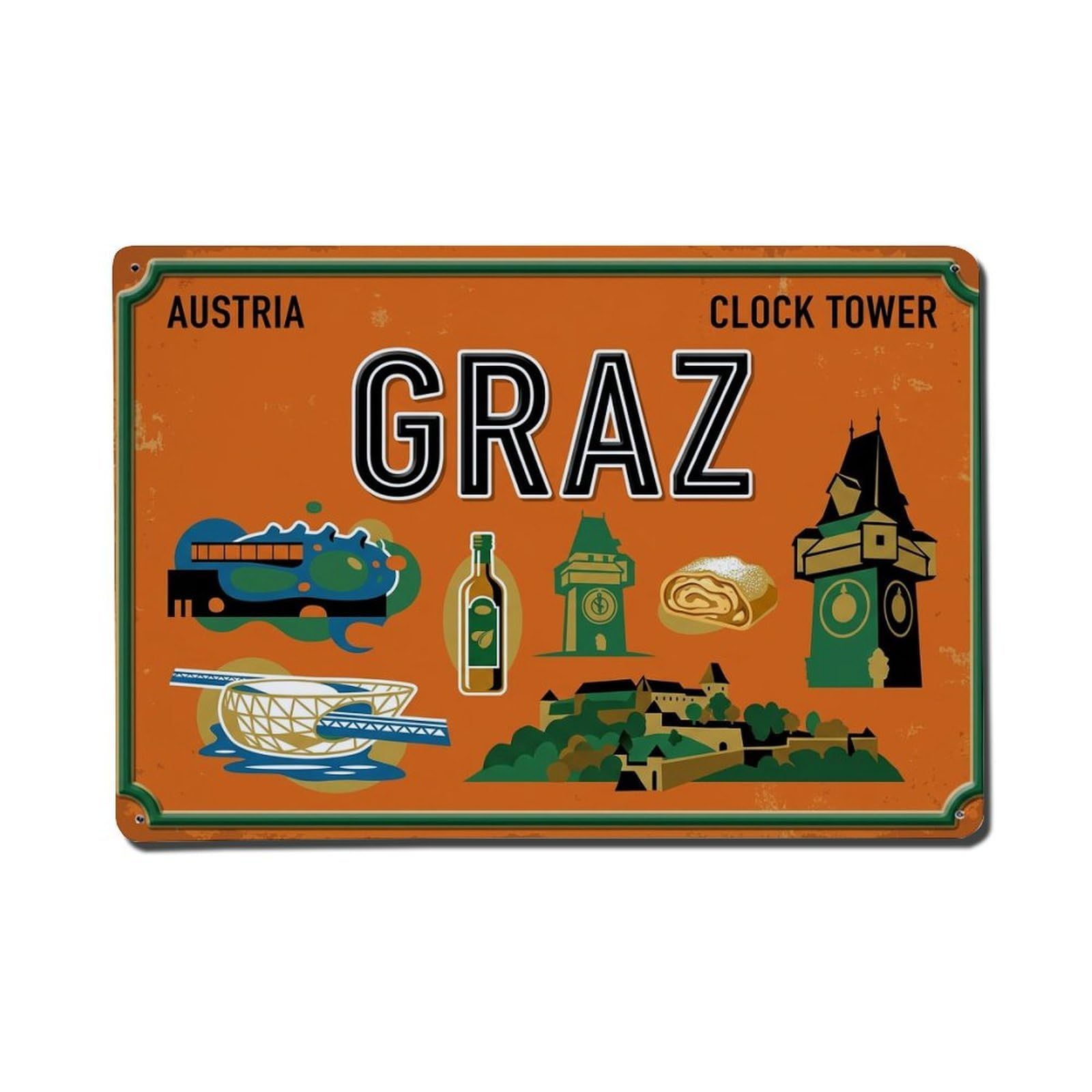 Xanthor Style Vintage Travel Graz Austria Clock Tower Pumpkin Metal Tin Sign