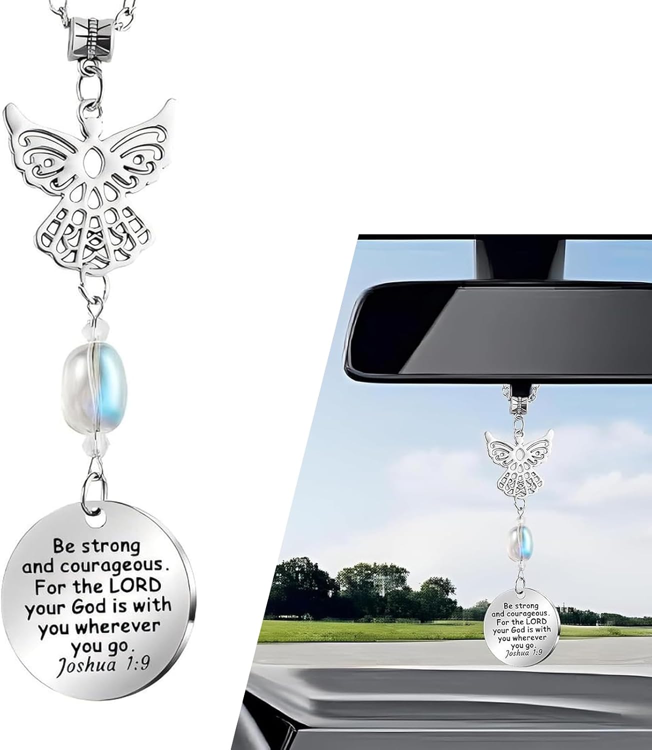 1 PC Angel Rear View Hanging Charm, Angel Wings Rear View Mirror Charm Ornament, Stainless Steel Car Interior Hanging Decoration Accessories, Universal for Most Cars and Home (Silver)