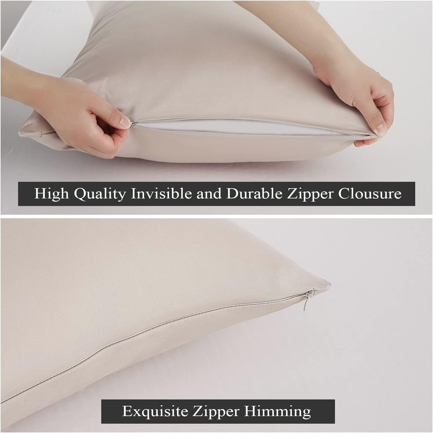 Juego de 4 protectores de almohada tamaño King, 100 % algodón egipcio con cremallera, fundas de almohada refrescantes de 600 hilos, silenciosas y transpirables, de fácil cuidado (paquete de 4, beige)