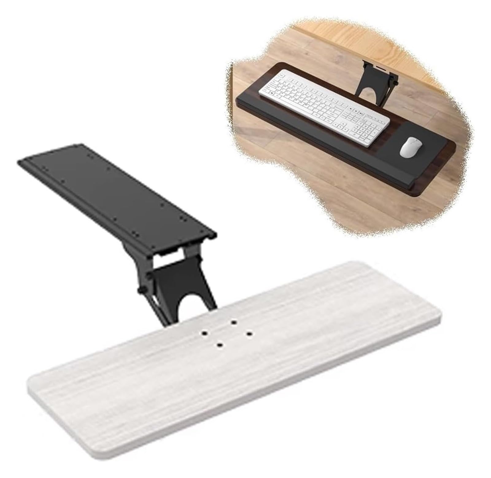 Ergonomische Schreibtisch-Verlängerungsablage, drehbarer Maus- und Tastaturhalter unter dem Schreibtisch, verstellbarer ausziehbarer Tastaturständer für Home Office, weißer Ahorn, 65 x 20 cm